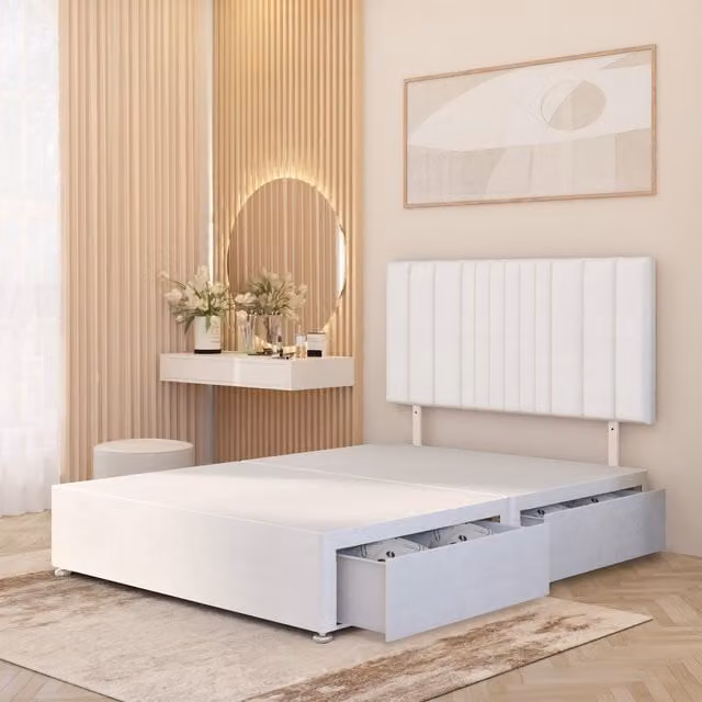Somnior Beds Ltd Arizona White Plush Velvet Upholstered Divan Bed Base with Drawers, W/D/H: 200 x 200 cm
