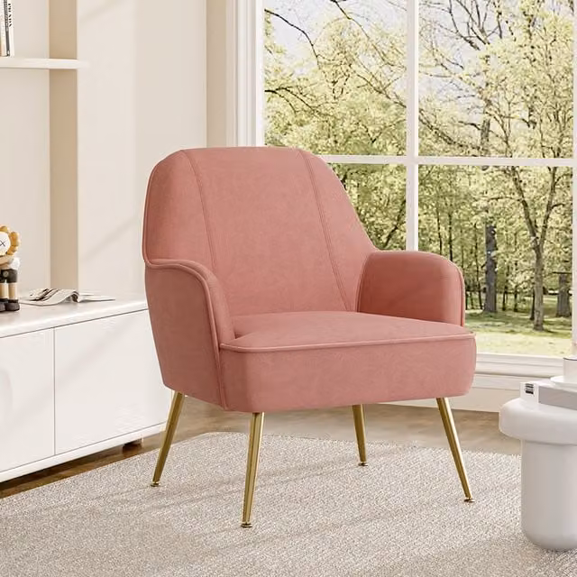 Livingandhome Modern Pink Velvet Armchair with Gold Legs and Armrests