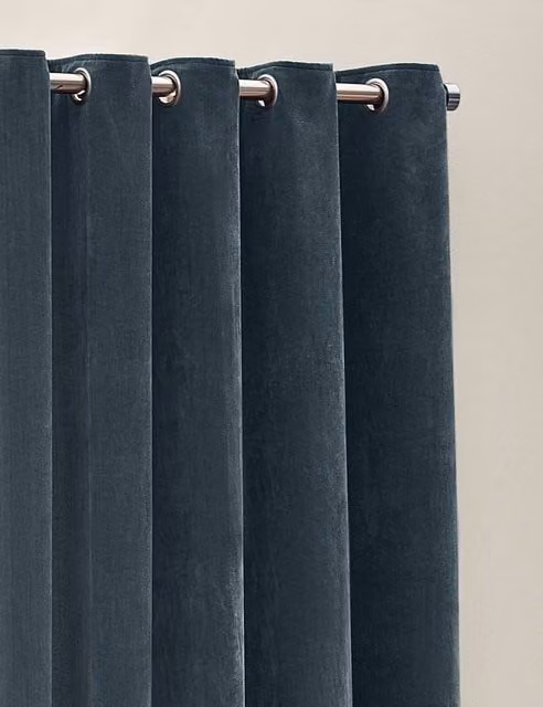 YARD Blue Chenille Velvet Eyelet Curtains, Opaque, W: 218 cm, H: 137 cm