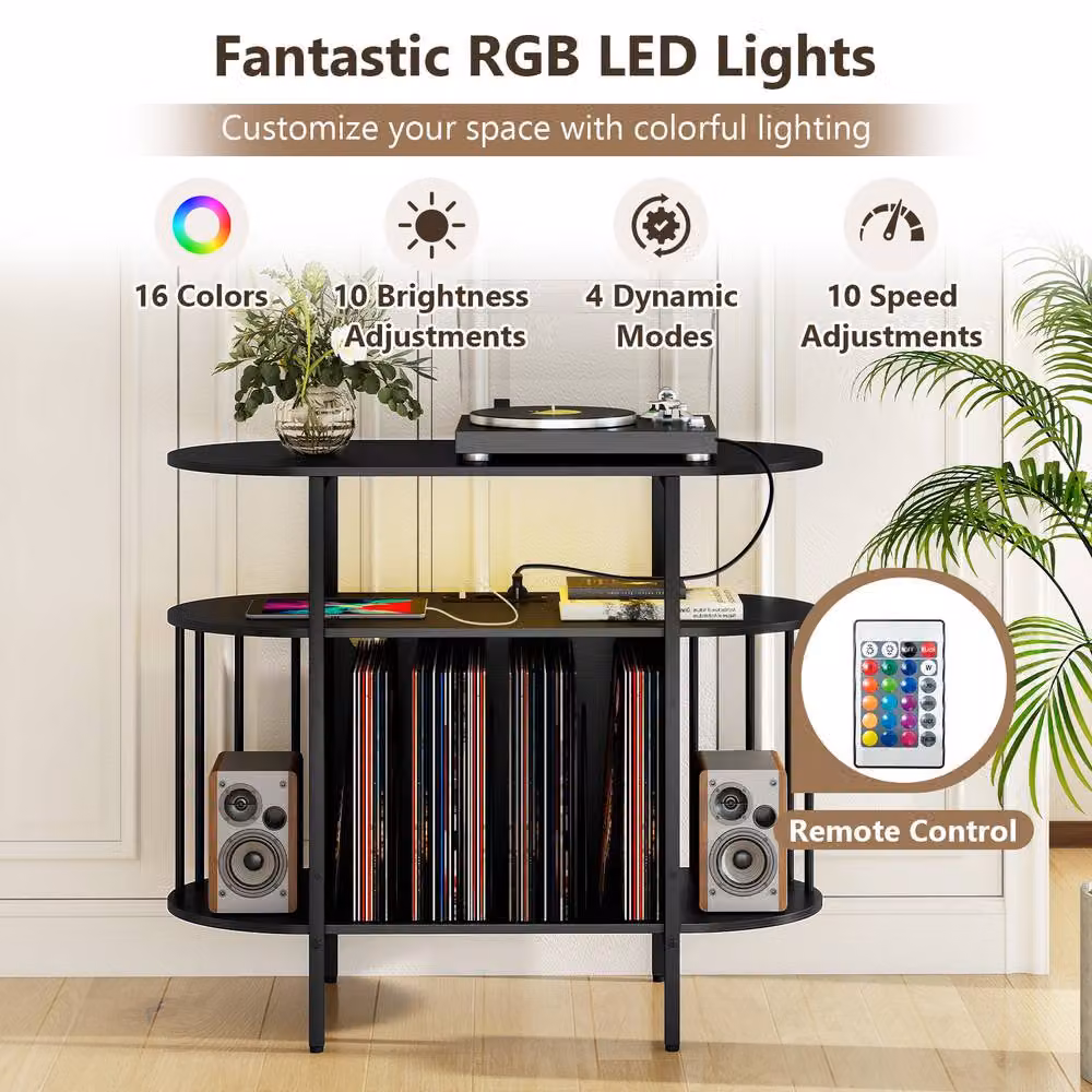 Gymax Large Record Player Stand with LED Lights in Black Metal – 6
