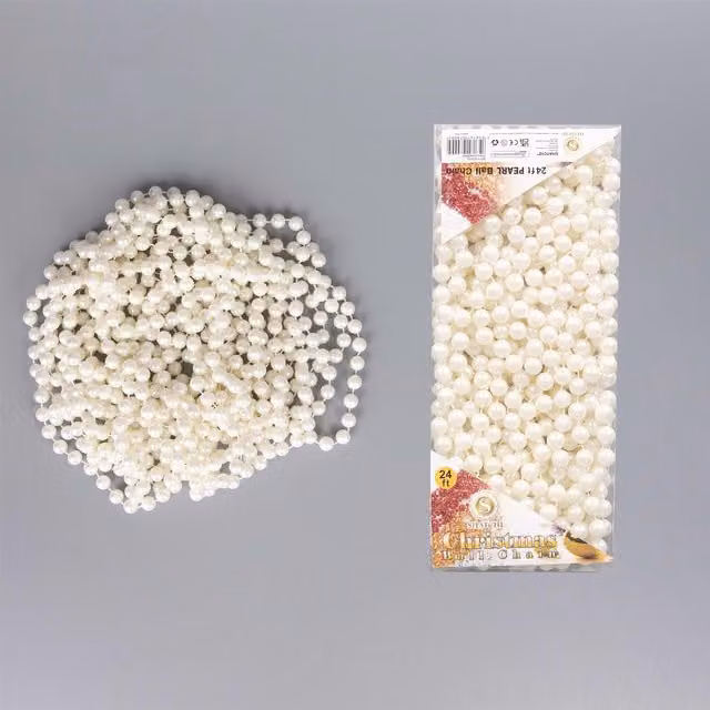 Shatchi Pearl Shiny Christmas Bead Chain Metallic Garland in Off-White, 7.2m – 1