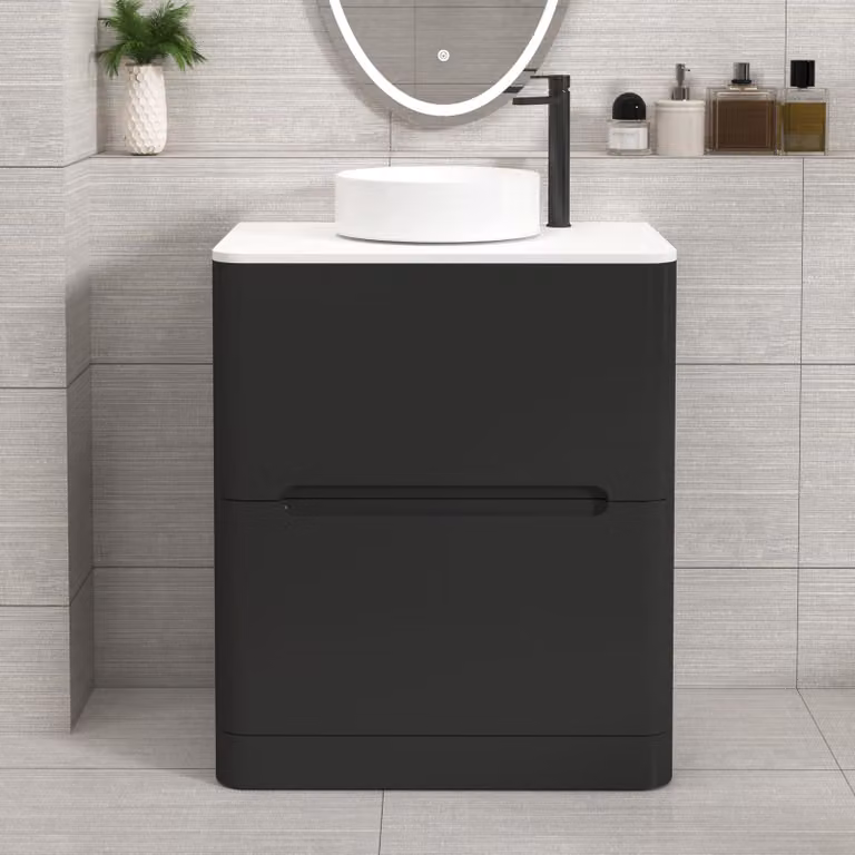 Royal Bathrooms Venice 700mm Floor Standing Vanity Unit in Matt Nocturne Black with 2 Drawers and Plain White Worktop with Art Basin
