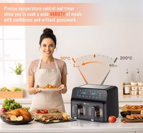 PureMate 9L Dual Air Fryer in Black with Digital Display, 2500W Dual Zone Cooking, Timer and Dishwasher Safe Parts – 6