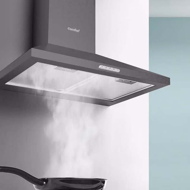 Livingandhome Black Wall Mounted Metal Chimney Range Hood with LED and Recirculation, Width: 59.8 cm