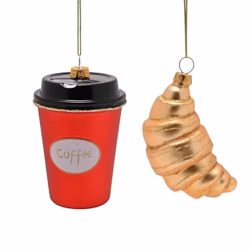 Widdop and Co Set of 2 Coffee and Croissant Glass Hanging Christmas Tree Decorations in Red, Black and Gold