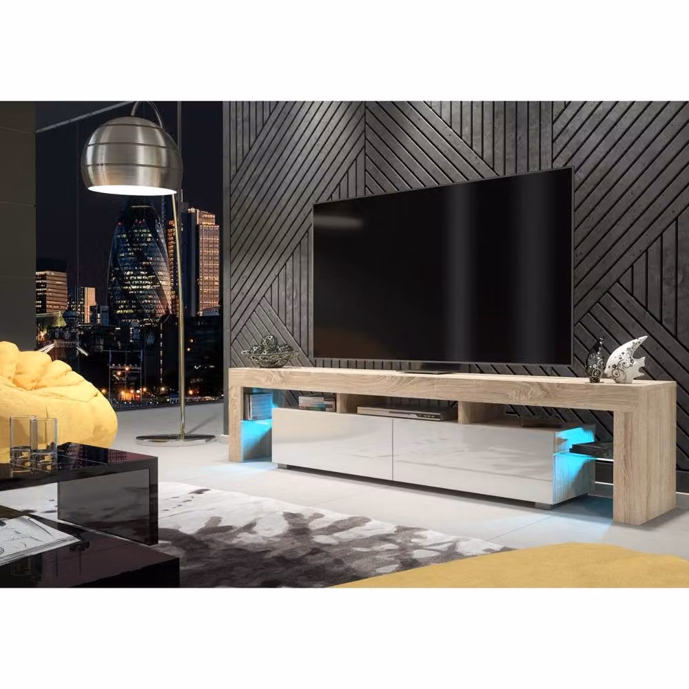 Mex Furniture LTD Nova TV Unit in Oak and White Gloss with LED Lights, W: 200 cm, D: 45 cm, H: 35 cm – 2