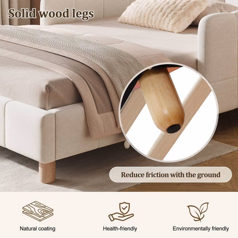 Rolipo Beige Velvet Upholstered Single Kids Bed with Safety Rail, W/D/H: 90 x 190 cm – 3