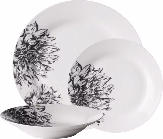 Orsina 12 Piece Floral Porcelain Dinner Set in White and Black – 1