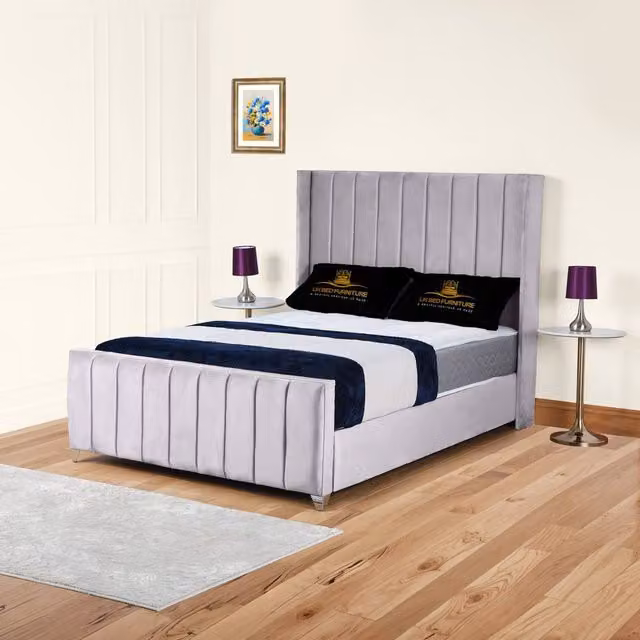 UK Bed Furniture Empire Winged Gas Lift Ottoman Upholstered Velvet Bed in Silver, Super King Size – 1