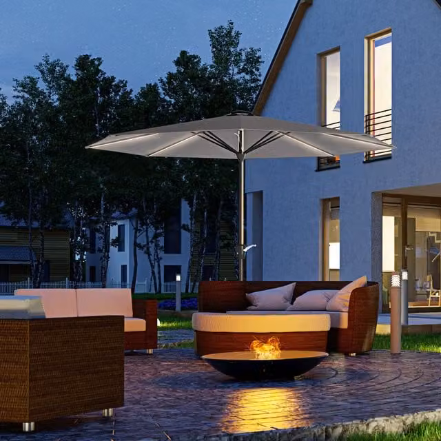 Outsunny Patio Parasol Umbrella with Solar Lights and Crank Handle in Charcoal Grey