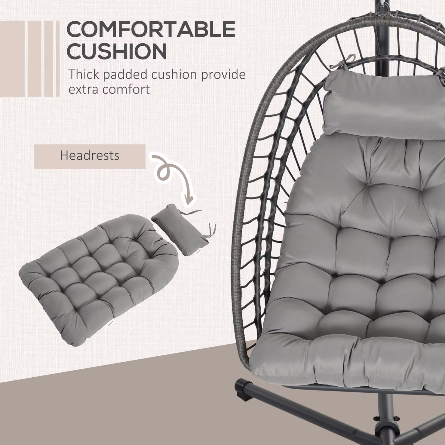 Outsunny Grey PE Rattan Egg Swing Chair with Metal Stand and Thick Padded Cushions – 4