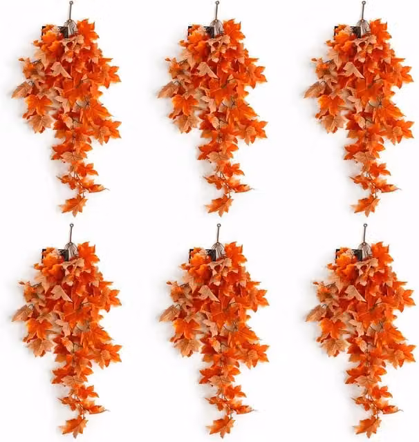 Pack of 6 Artificial Hanging Grape Ivy Plants in Orange and Green, 70 cm