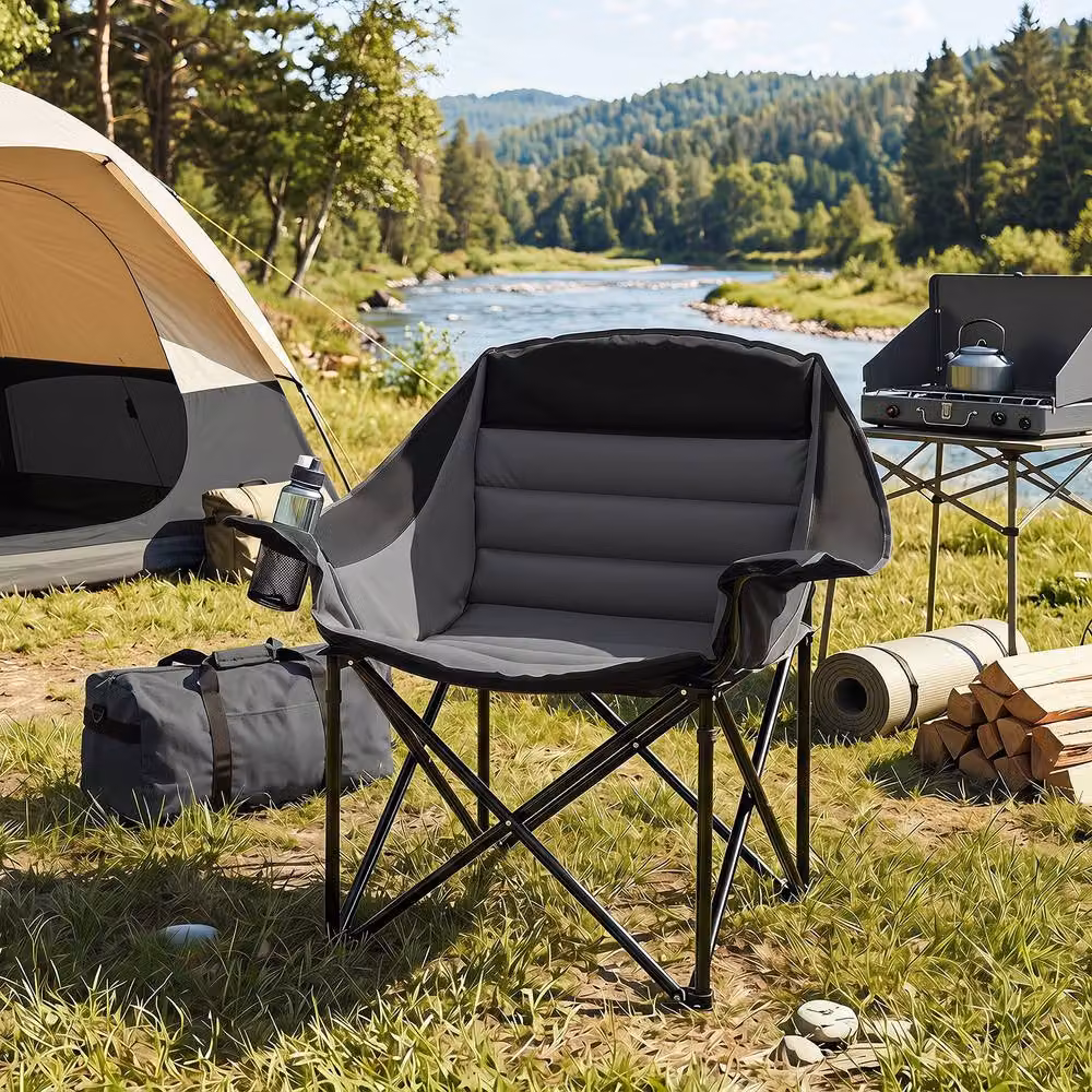 Gymax Heavy Duty Oversized Folding Camping Armchair with Padded Seat in Black – 4