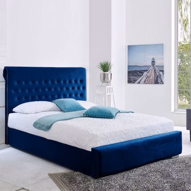 Desire Deco Berlin Blue Velvet Upholstered Bed Frame, 120 x 200 cm