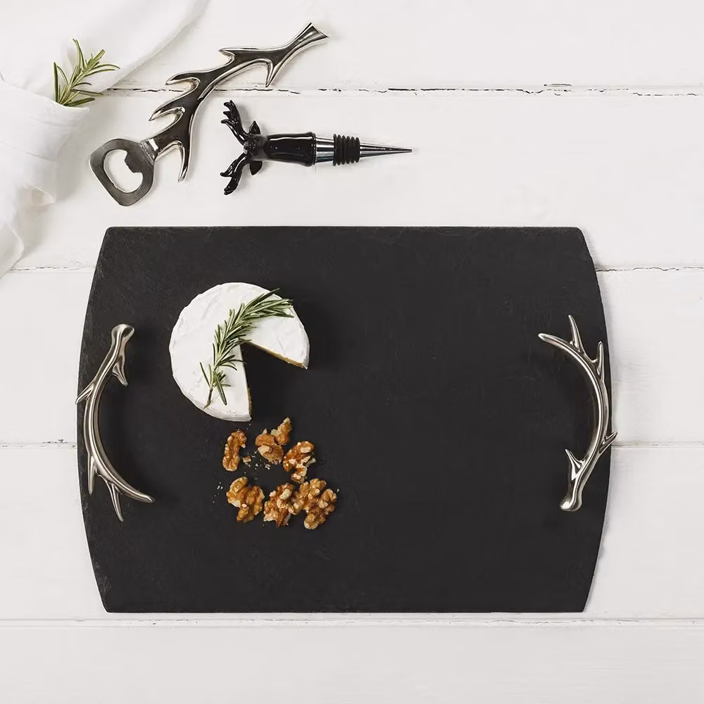 Selbrae House Rectangular Slate Serving Tray in Dark Grey with Antler Handles – 2