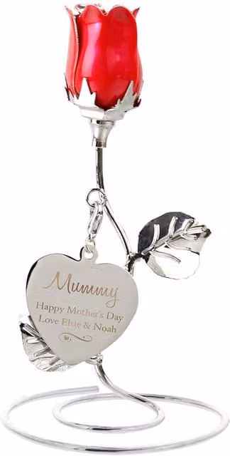 Personalised Memento Company Personalised Red Rose Bud Ornament with Swirls and Hearts in Metallic Silver