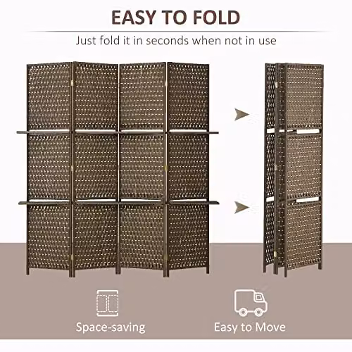 HOMCOM 4-Panel Folding Room Divider with Storage Shelves in Brown – 3