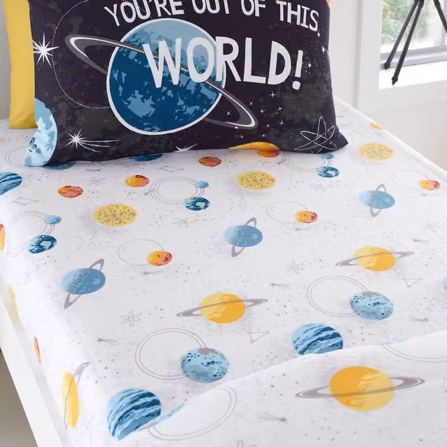 Bedlam Outer Space Fitted Bed Sheet, Single, Black and White, W/D/H: 90 x 190 x 25 cm