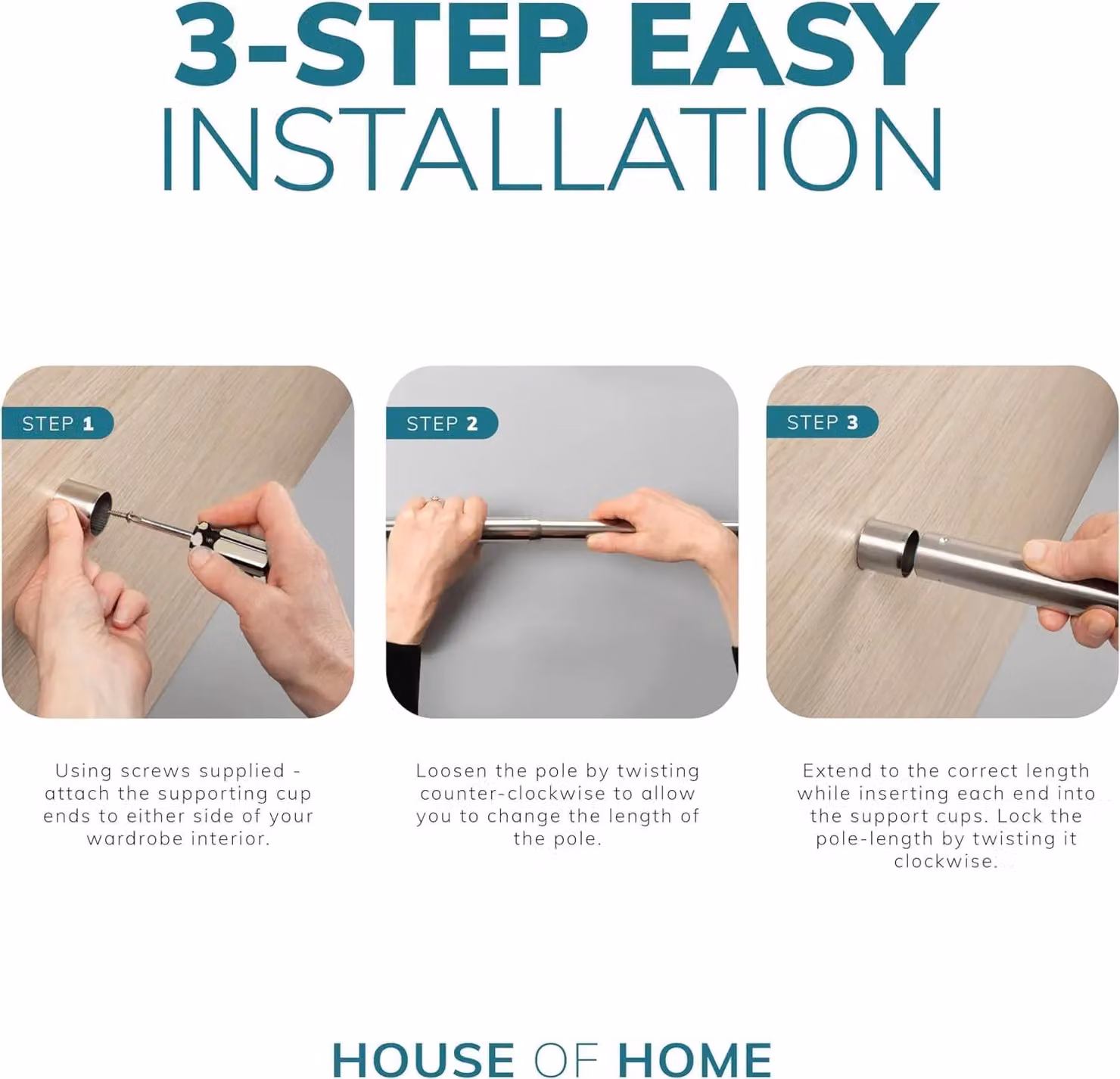 House of Home Extendable Silver Stainless Steel Heavy Duty Hanging Rail 34-53 cm – 4