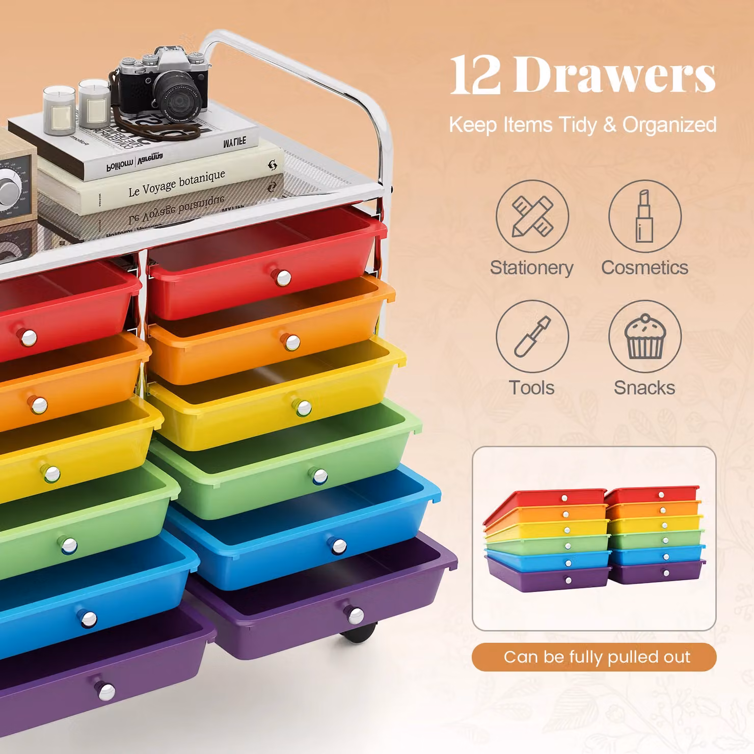 Costway Multi-Purpose Utility Storage Rolling Cart with 12 Drawers and Castors, Multicolour – 7