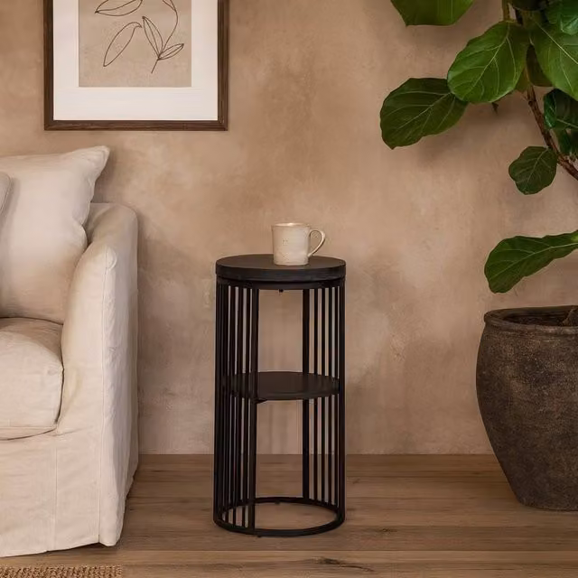 Wyld Haus Dublin Round Bedside Table with Black Marble Effect Top and Black Steel Frame, H 65 cm x W 35 cm x D 35 cm – 1