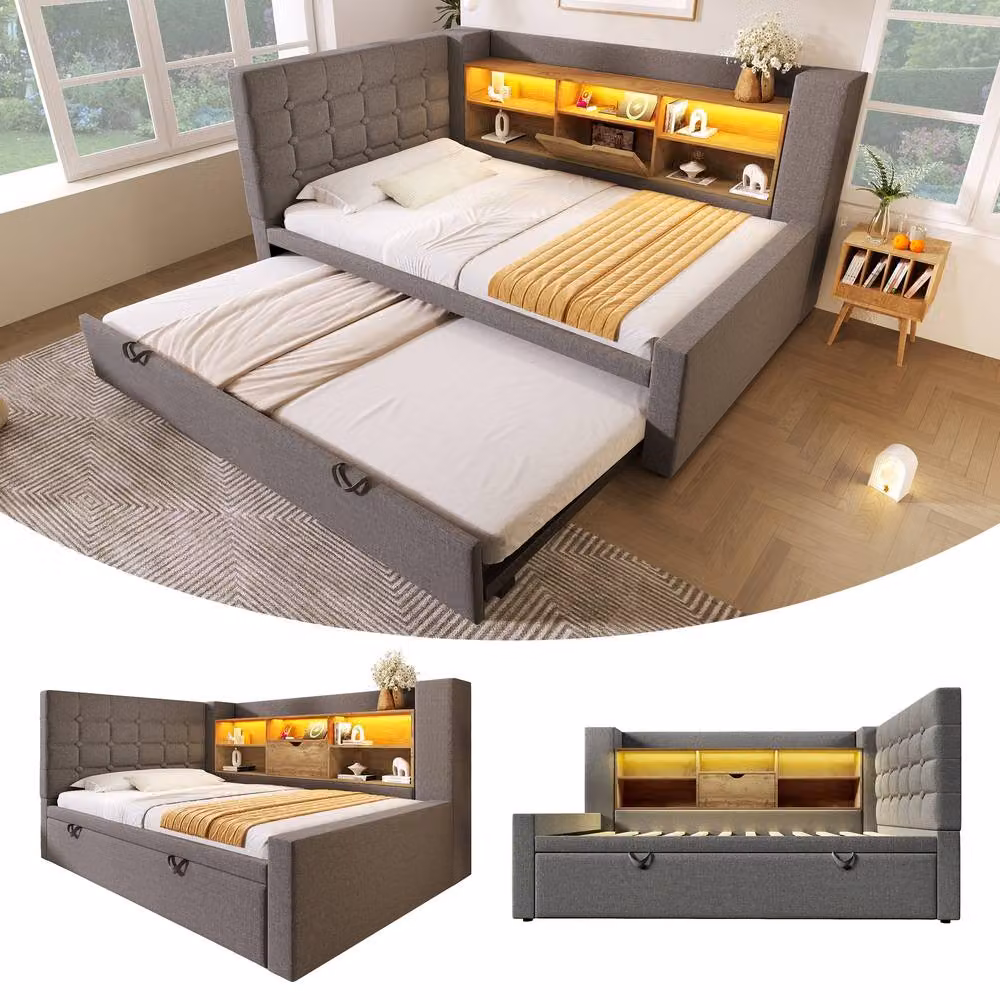 Rolipo Grey Linen Daybed with Trundle, Storage, USB Charging Port and Under-bed Lighting, 3FT Single Sofa Bed, W: 90 cm, D: 190 cm – 9