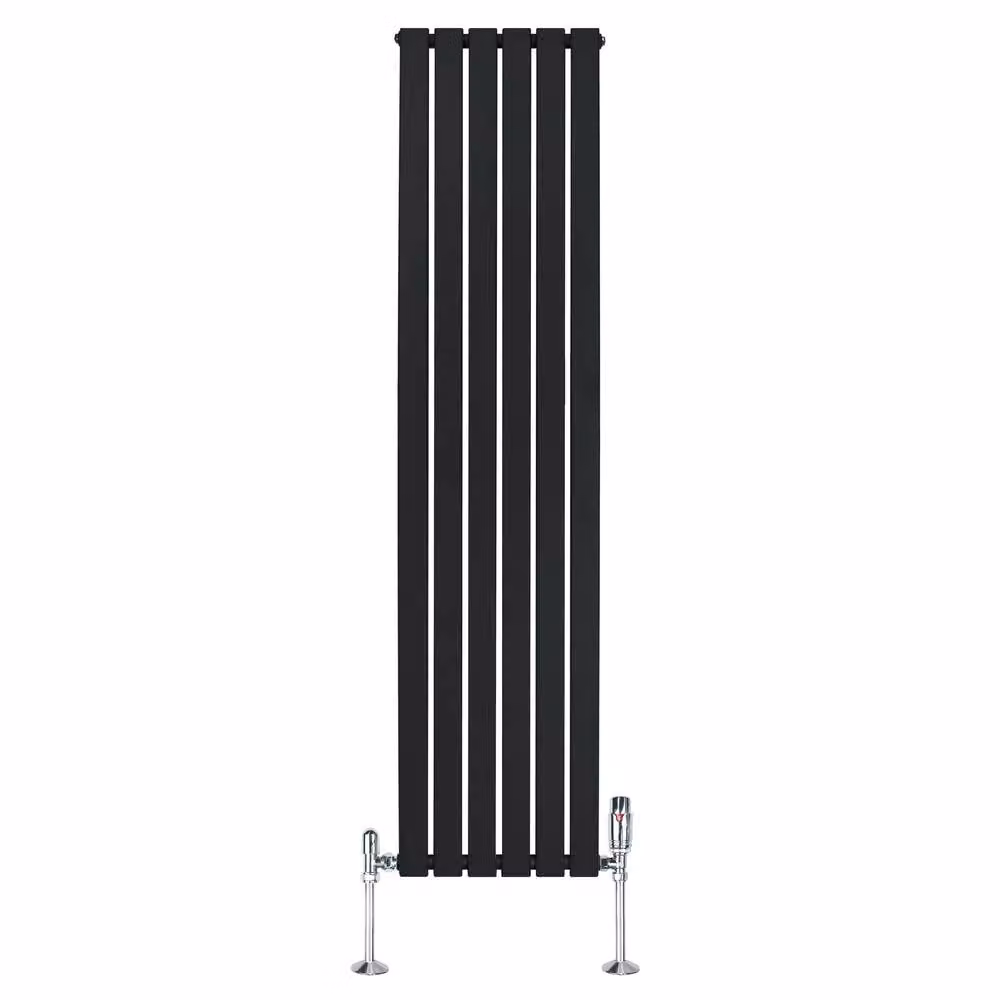 Monstershop Flat Single Column Steel Radiator and Valves with Thermostat Head, Black, H: 180 cm, W: 42 cm – 2