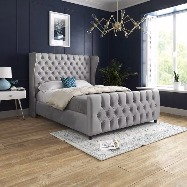 KDMD Dozer Straight Curved Top Soft Velvet Upholstered Bed Frame, Grey, W/D/H: 90 x 190 cm