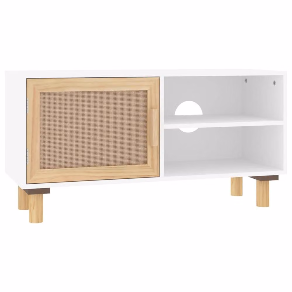 Berkfield Home White TV Cabinet in Solid Pine and Natural Rattan, W/D/H: 80 x 30 x 40 cm – 2