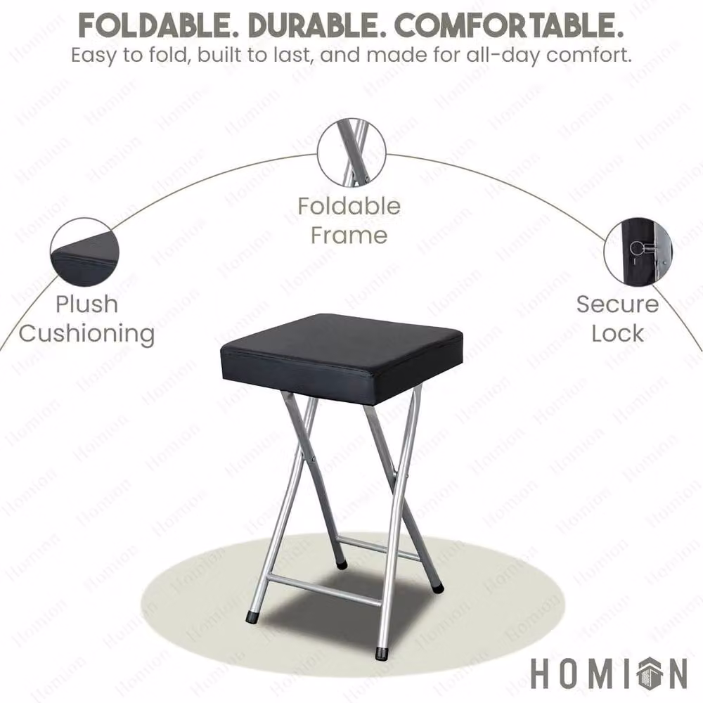 FORGEVIO Black Folding Stool with Soft Padded Synthetic Leather Seat and Metal Frame – 2