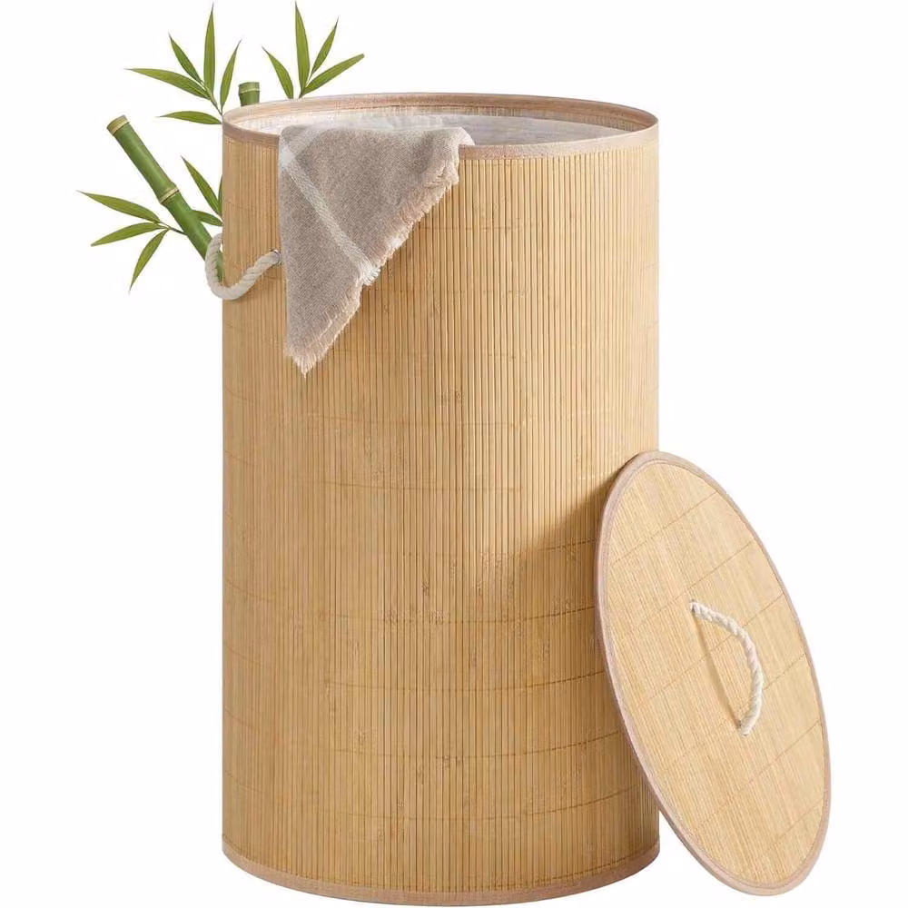 The Bazaarist Round Bamboo Laundry Hamper with Lid and Removable Bag in Beige – 2