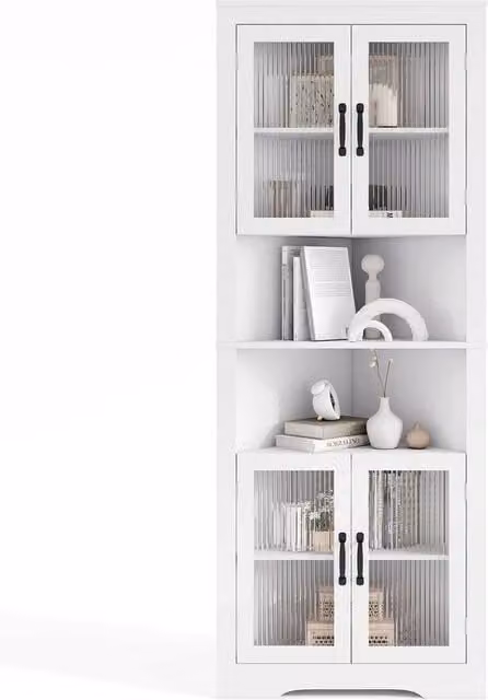 KORVIXA White Tall Corner Cabinet with Glass Doors and Internal Shelves, Height: 171 cm – 1