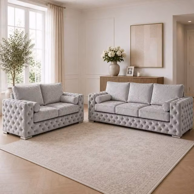 Stratus Interiors Ashley Chesterfield Fabric Sofa Set, 2 and 3 Seater, Light Grey