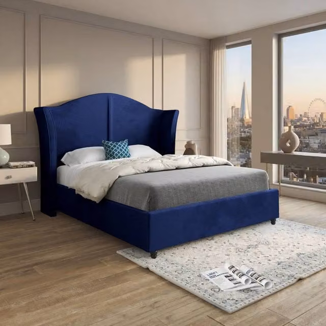 KDMD Wilsden Curved Winged Upholstered Designer Bed Frame in Blue Soft Velvet, King Size (W/D/H: 180 x 159 x 137 cm) – 1