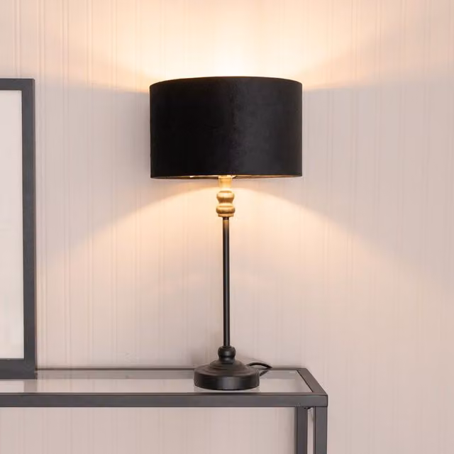 ValueLights Maggie Black Metal Candlestick Table Lamp with Black Velvet and Gold Inner Shade – 1