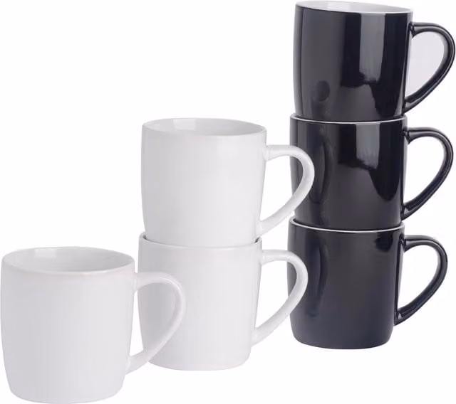 Argon Tableware Set of 6 Two-Tone Stoneware Coffee Mugs, Black and White, 350ml