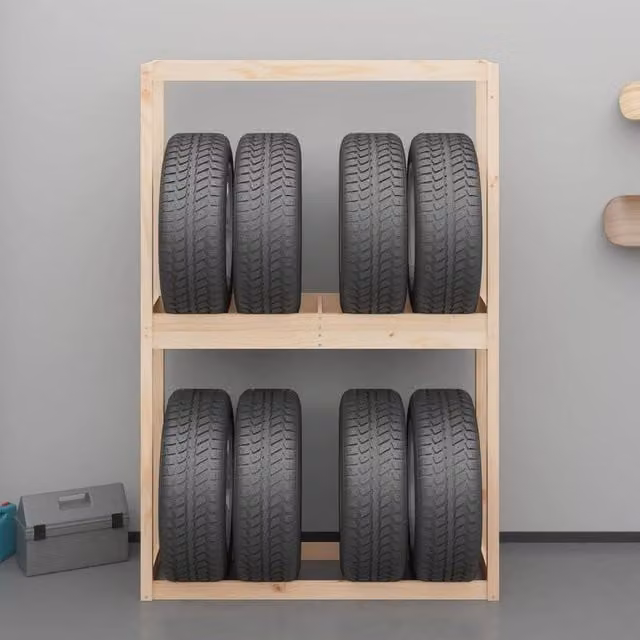 Berkfield Home Tire Rack in Natural Solid Pine Wood, W/D/H: 120 x 40 x 180 cm