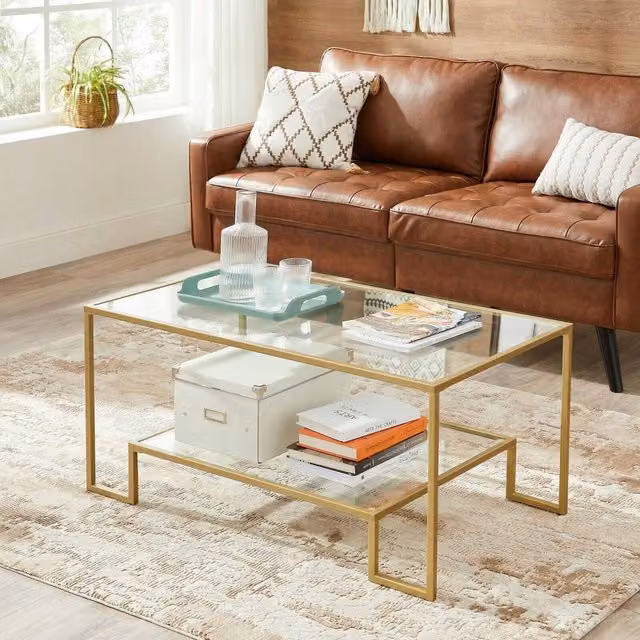 VASAGLE Modern Rectangular Glass Coffee Table with Storage in White