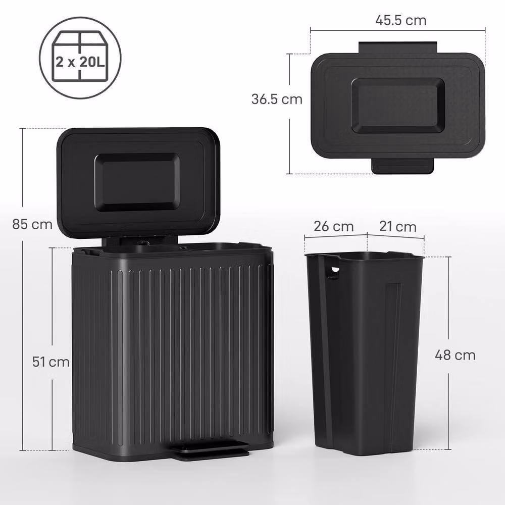 EONLION Black Double Kitchen Bin with Soft-Close Lid and Rubbish Bags, 2 x 20L, H 100 cm x W 40 cm x D 100 cm – 2