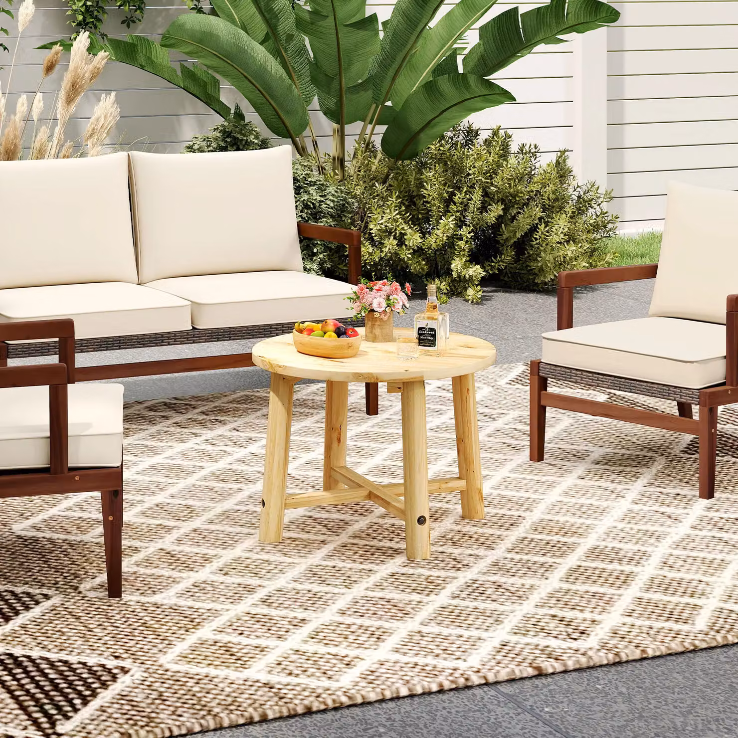 Costway Round Outdoor Side Table with Solid Wood Structure in Brown – 3