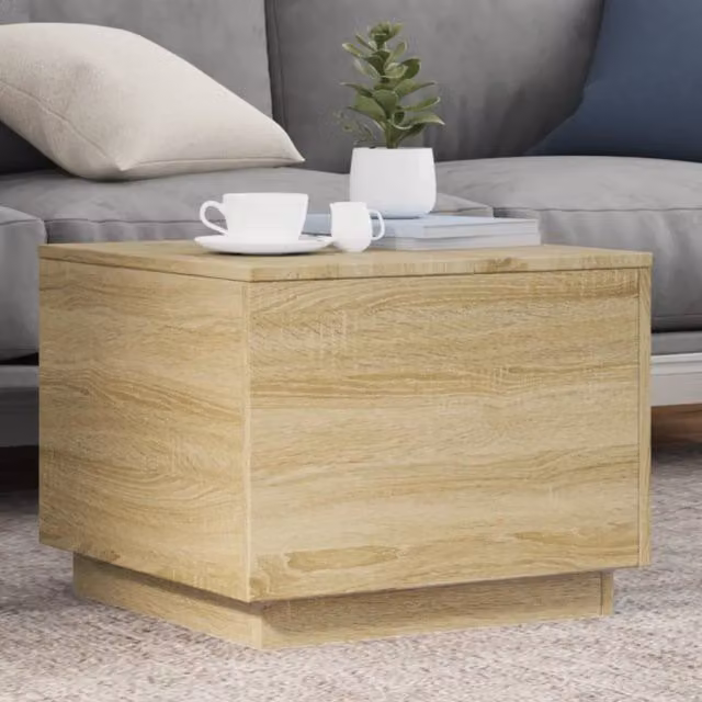 Berkfield Home Modern Square Coffee Table with LED Lights in Sonoma Oak Brown, W/D/H: 50 x 50 x 40 cm