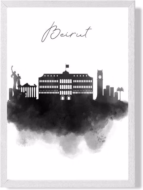 ARTZE Beirut Watercolour Skyline City Framed Print with White Frame in Black, A3