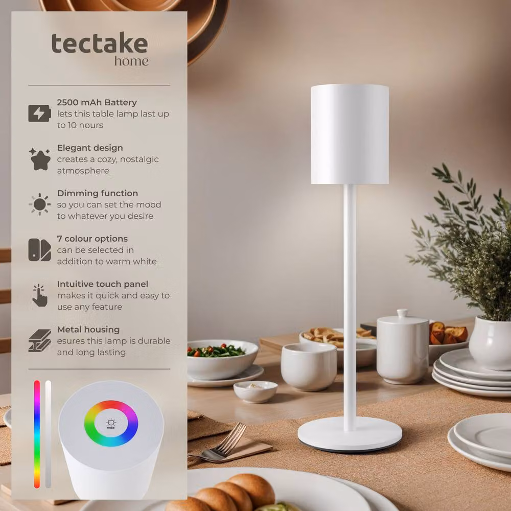 tectake Modern Rechargeable LED Table Lamp with Dimming Function and 7 Colour Options in White – 2