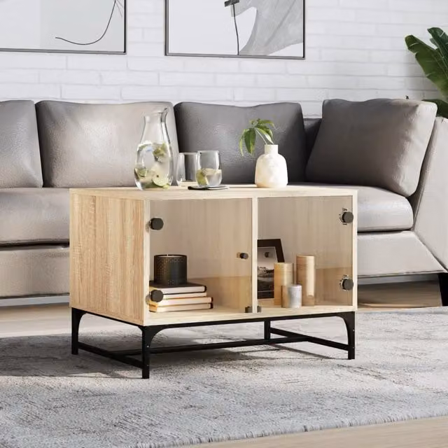 Berkfield Home Sonoma Oak Coffee Table with Glass Doors, Brown, W/D/H: 68.5 x 50 x 50 cm – 1