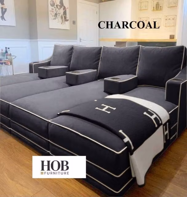 HOB Furniture Viva Luxury U-Shape Cinema Sofa in Anthracite Grey with Cup Holders