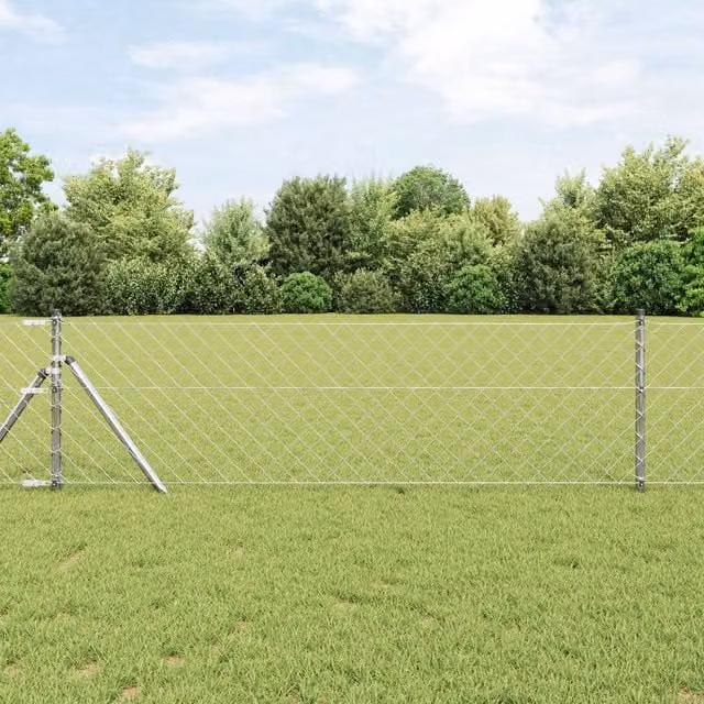 Berkfield Home Silver Galvanised Steel Chain Link Fence with 13 Round Posts, W: 25 m, H: 0.4 m