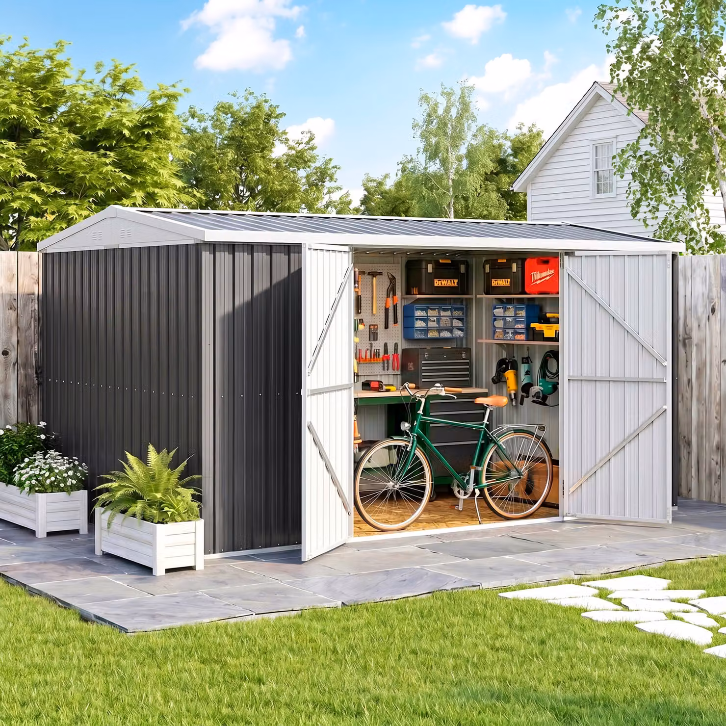 Outsunny Grey Lockable Metal Garden Shed with Pent Roof and Roof Vent, W: 426.72 cm, D: 228.6 cm, H: 175.0 cm – 2
