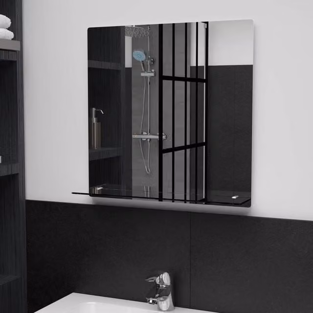 Berkfield Home Square Wall Mirror with Shelf, Silver, W/D/H: 50 x 50 x 1 cm