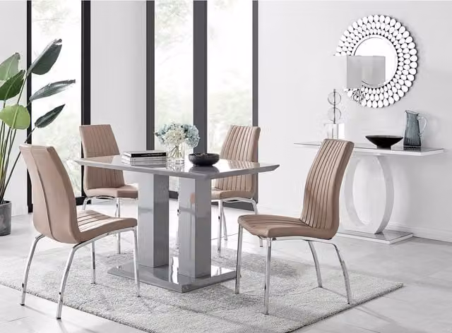 FurnitureboxUK Imperia 4 Modern Grey High Gloss Rectangular Dining Table and 4 Isco Chairs Set in Cappuccino