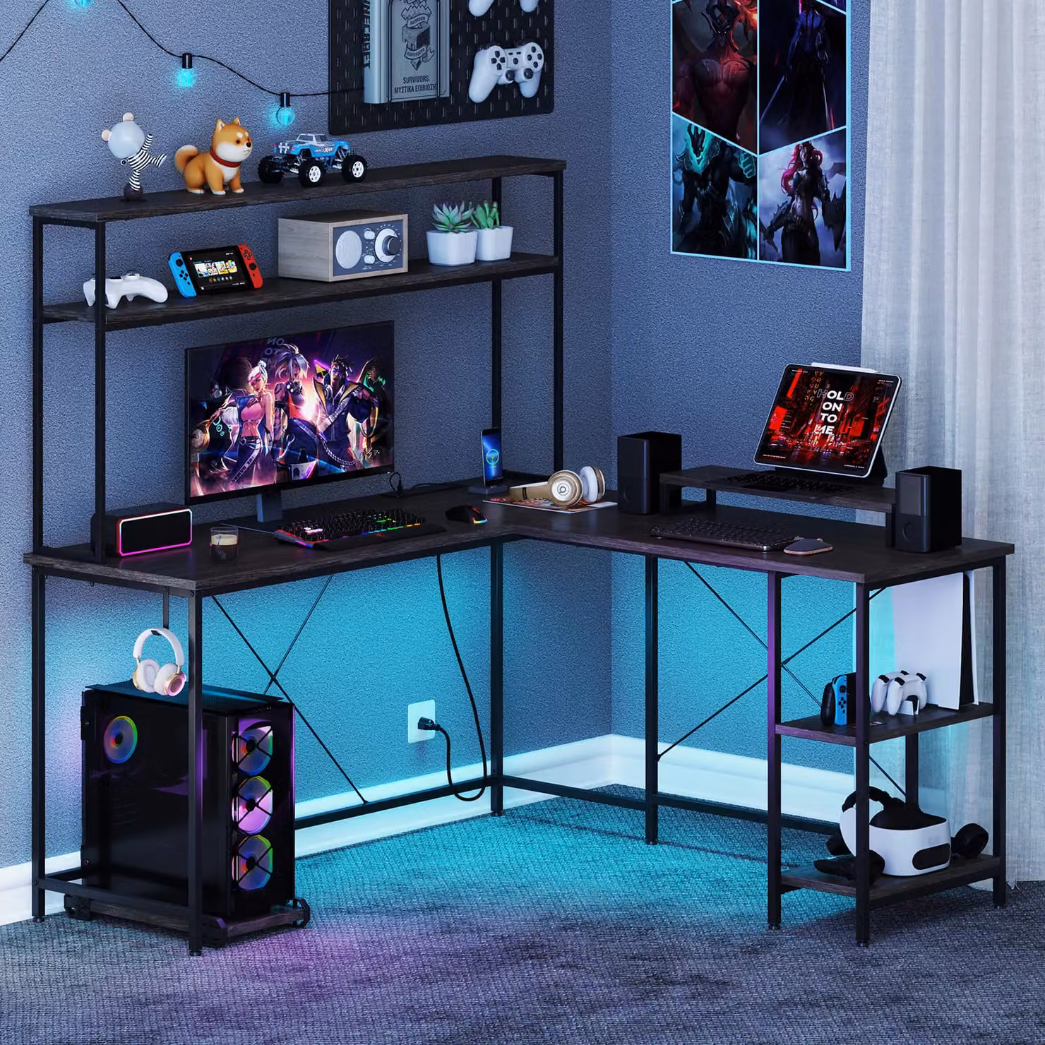 Costway L-Shaped Reversible Corner Gaming Desk with LED Strip in Grey – 5